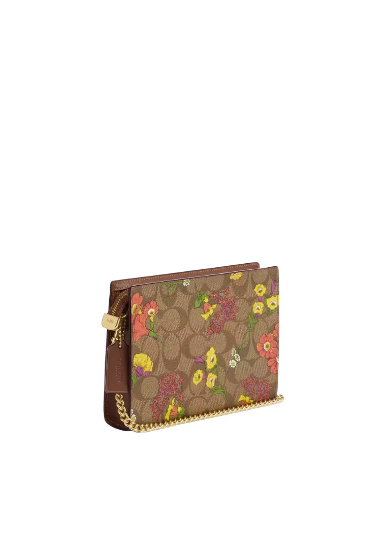 ( AS IS ) Coach Slim Signature Canvas Crossbody Bag With Floral Print In Khaki Multi CR240