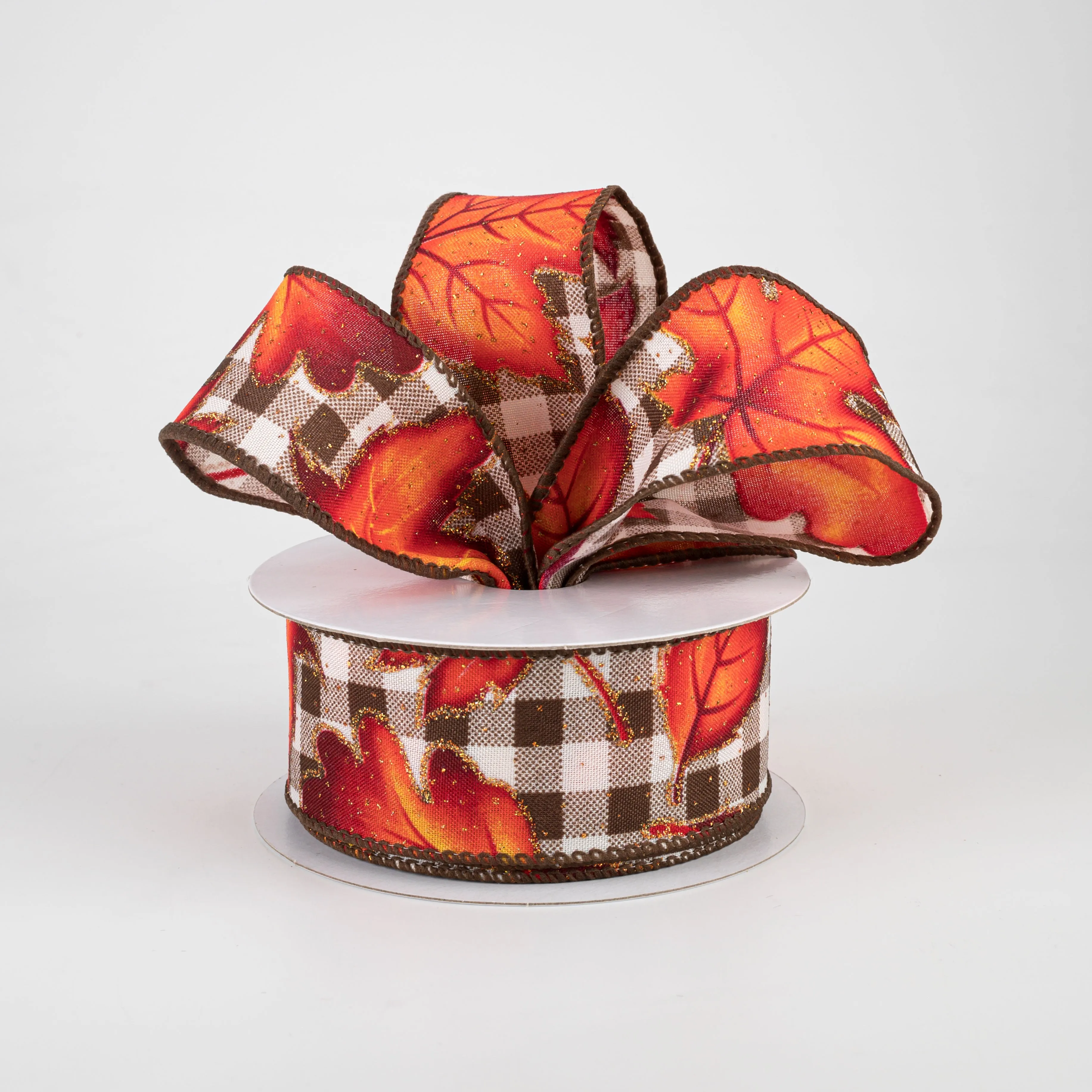 1.5" Fall Leaves On Check Ribbon: Brown & Cream (10 Yards)