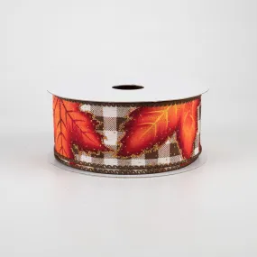 1.5" Fall Leaves On Check Ribbon: Brown & Cream (10 Yards)