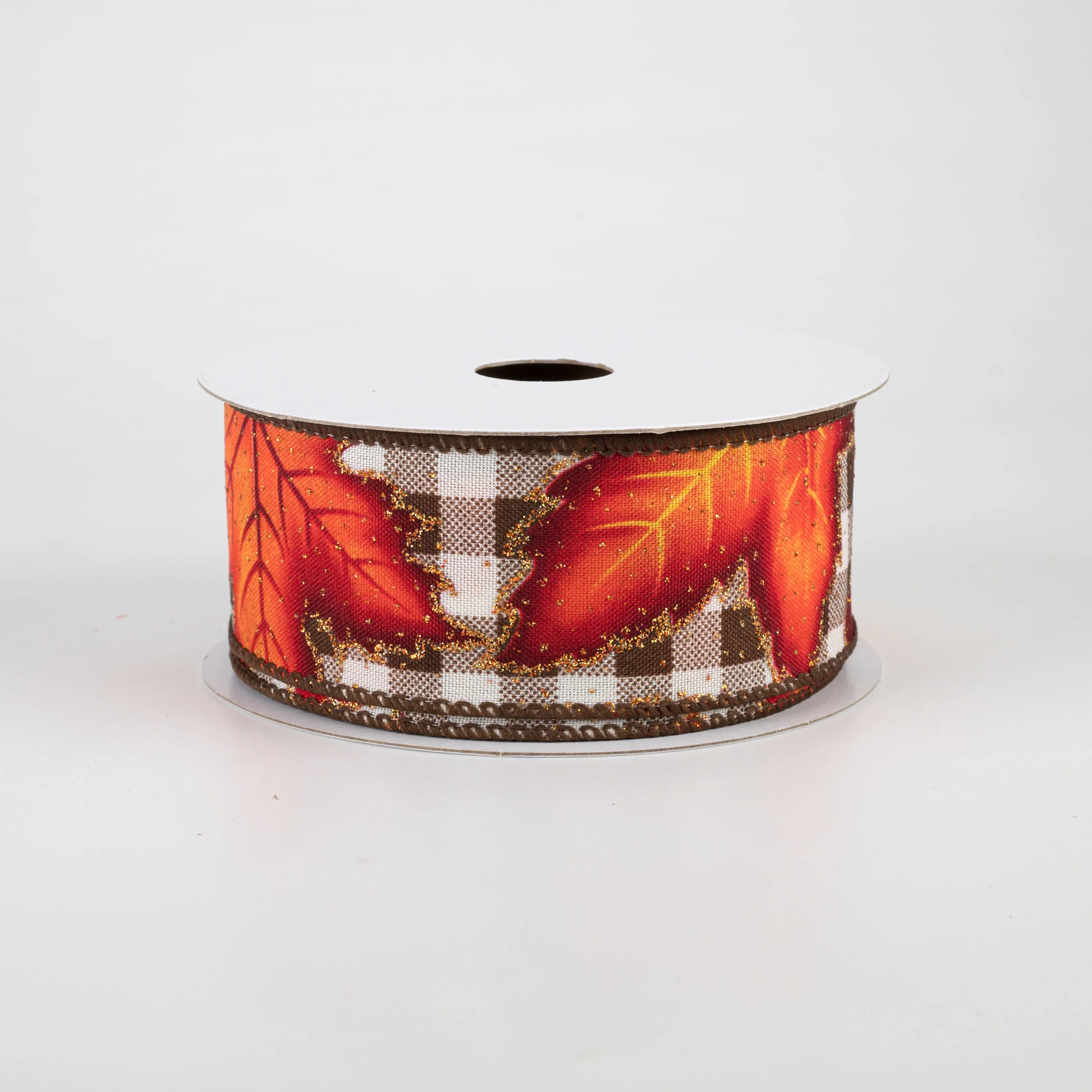 1.5" Fall Leaves On Check Ribbon: Brown & Cream (10 Yards)