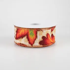 1.5" Fall Leaves On Check Ribbon: Natural & Cream (10 Yards)