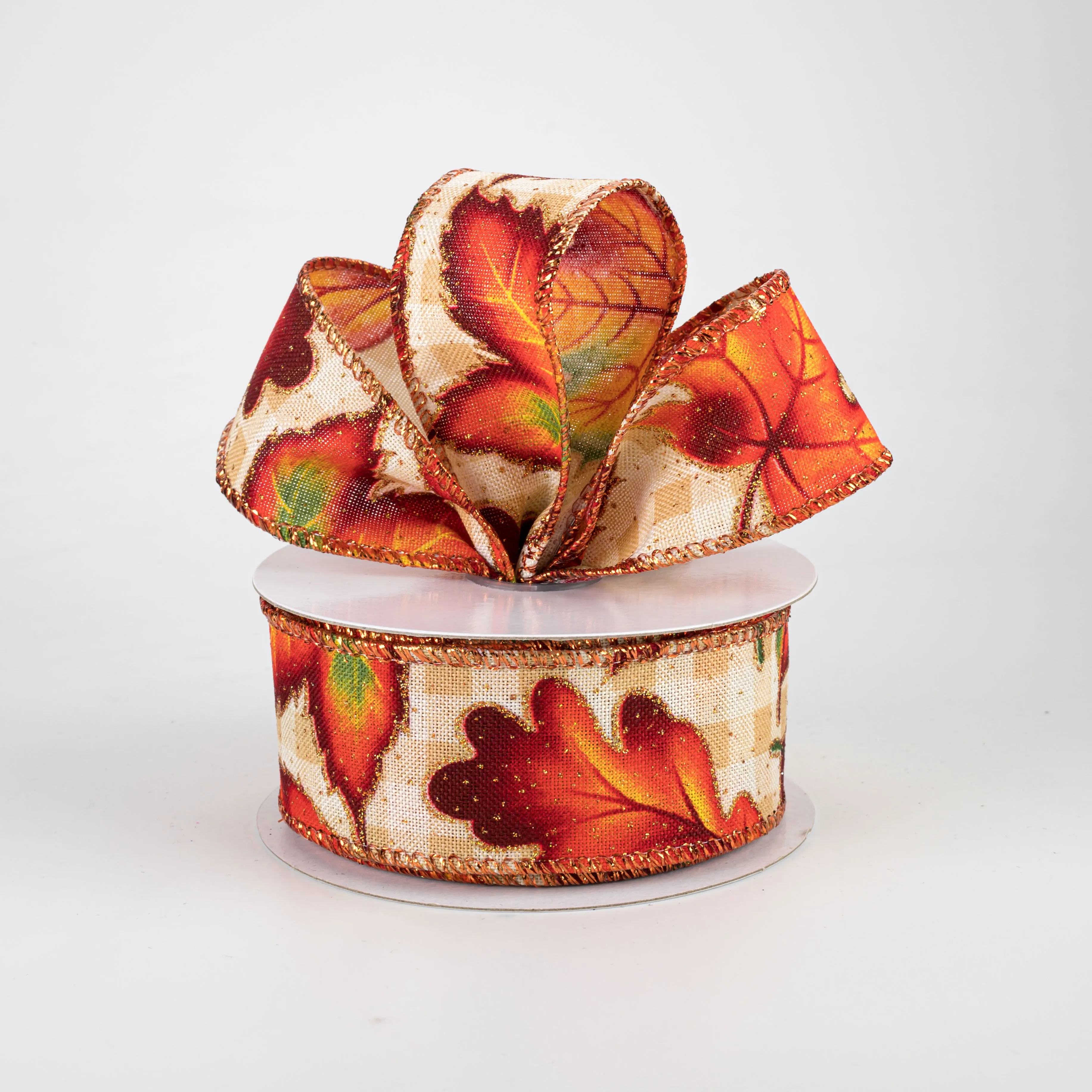 1.5" Fall Leaves On Check Ribbon: Natural & Cream (10 Yards)