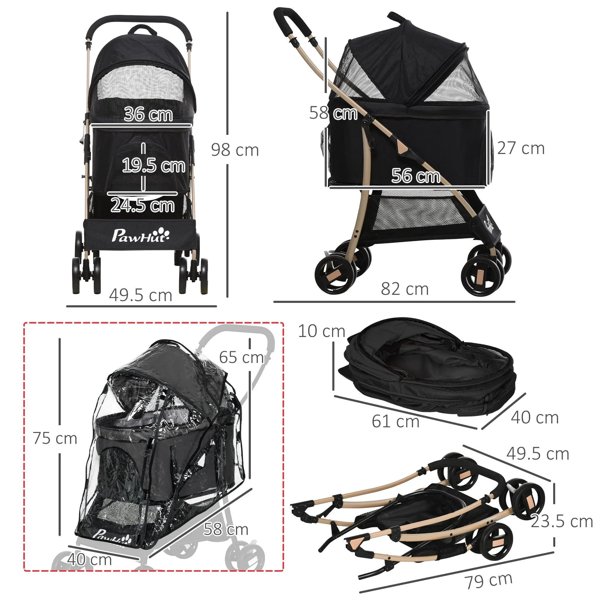 3-in-1 Cat Stroller - Carrier with Universal Wheel & Rain Cover - Black