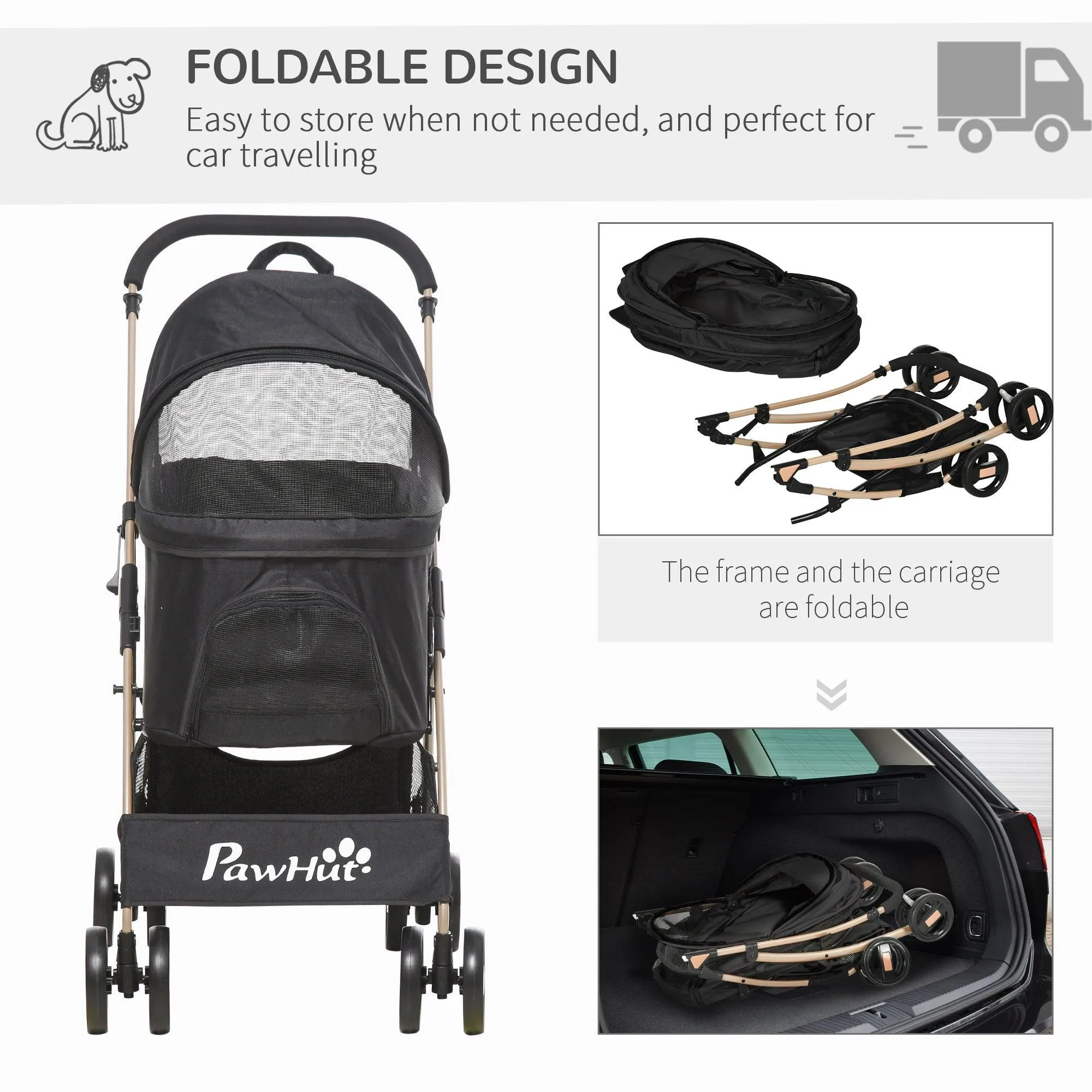 3-in-1 Cat Stroller - Carrier with Universal Wheel & Rain Cover - Black