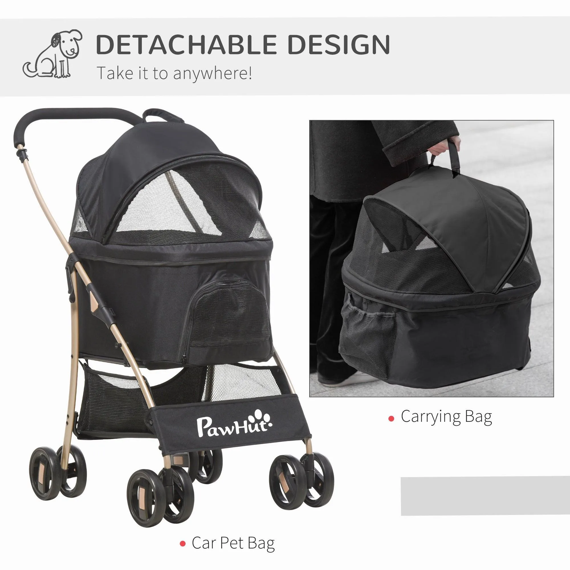 3-in-1 Cat Stroller - Carrier with Universal Wheel & Rain Cover - Black