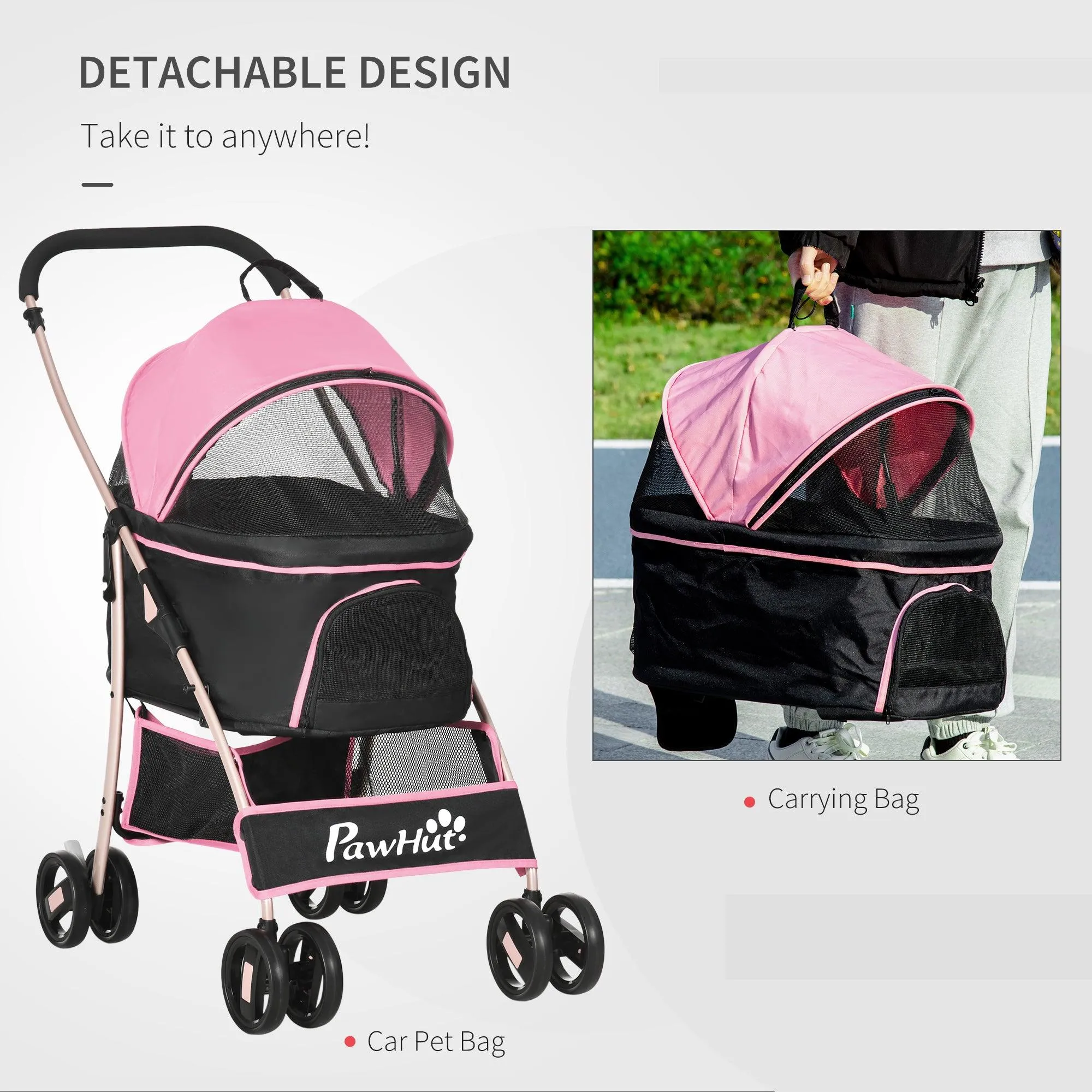 3-in-1 Cat Stroller - Carrier with Universal Wheel - Pink & Black