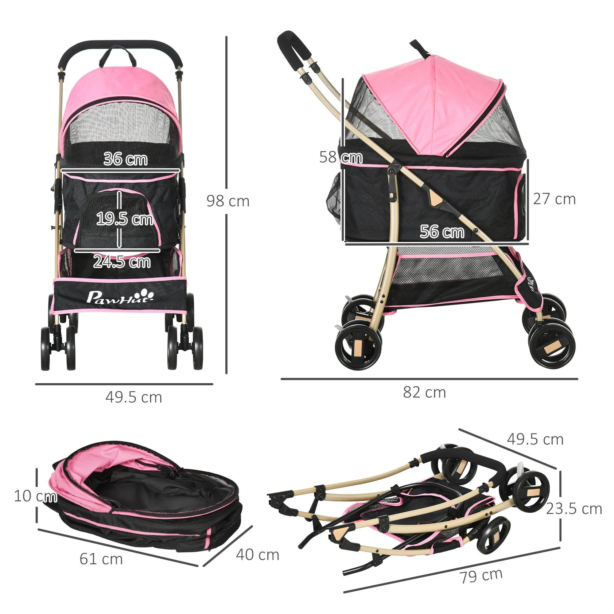 3-in-1 Cat Stroller - Carrier with Universal Wheel - Pink & Black