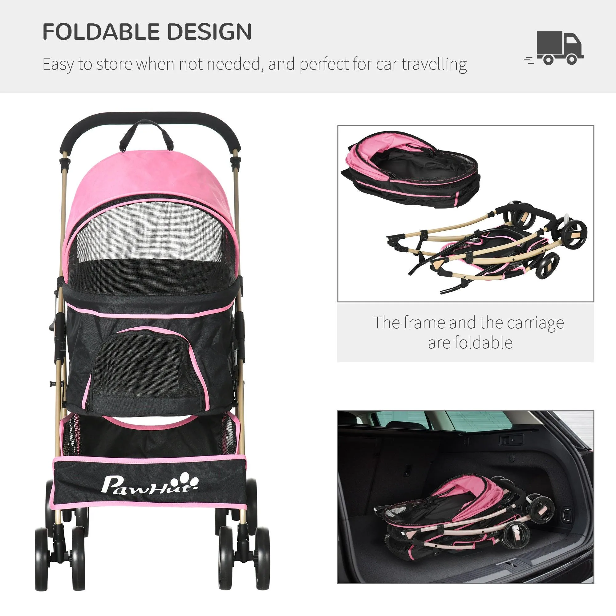 3-in-1 Cat Stroller - Carrier with Universal Wheel - Pink & Black