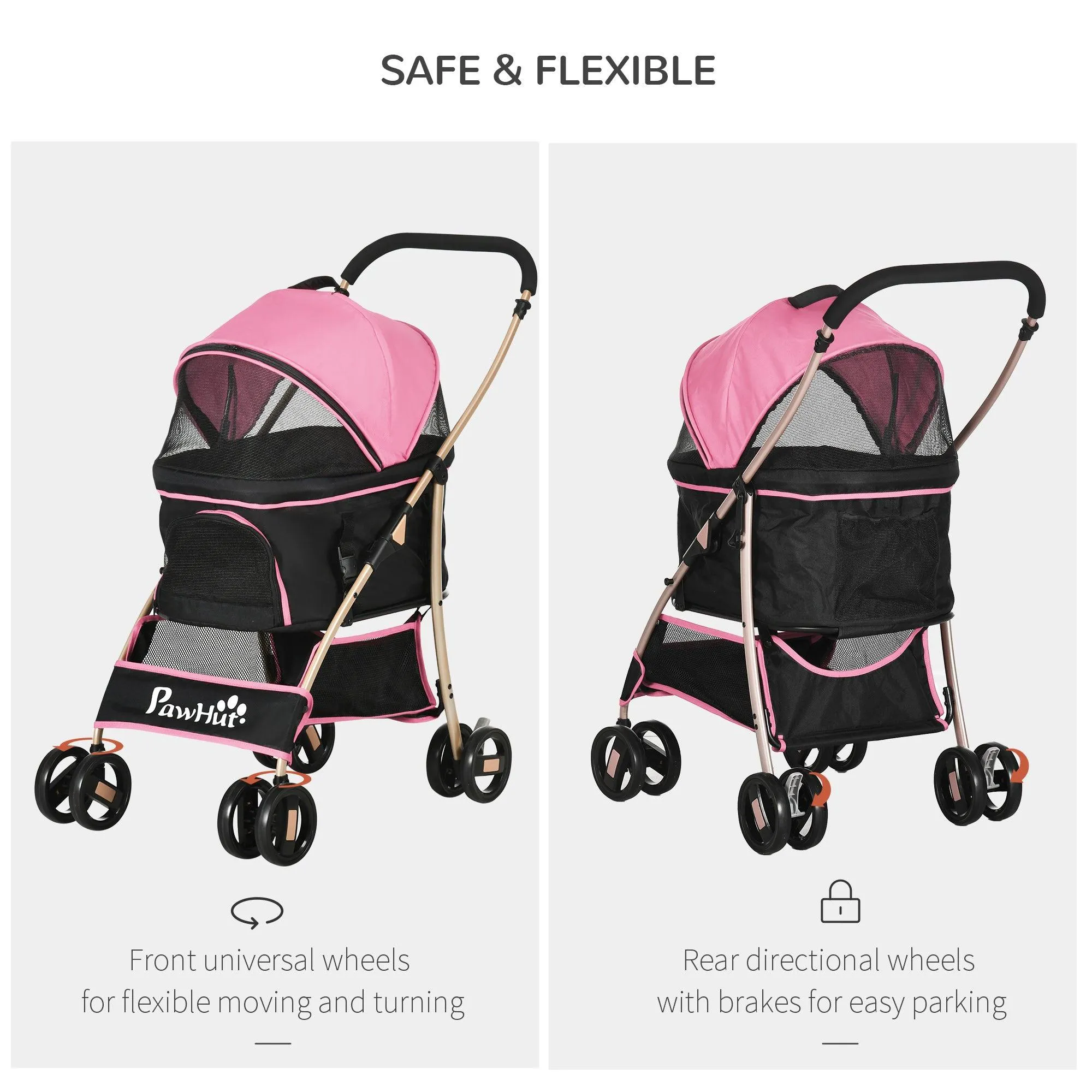 3-in-1 Cat Stroller - Carrier with Universal Wheel - Pink & Black