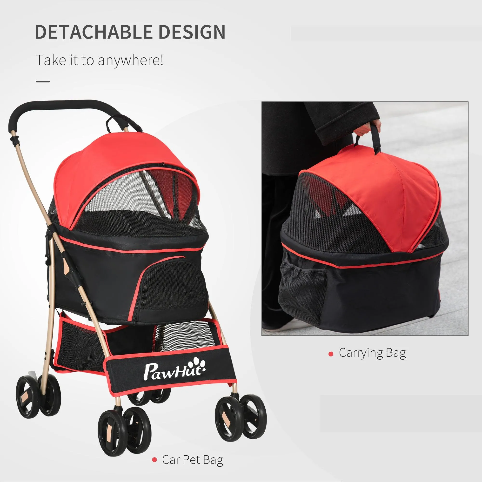 3-in-1 Cat Stroller - Carrier with Universal Wheel - Red & Black