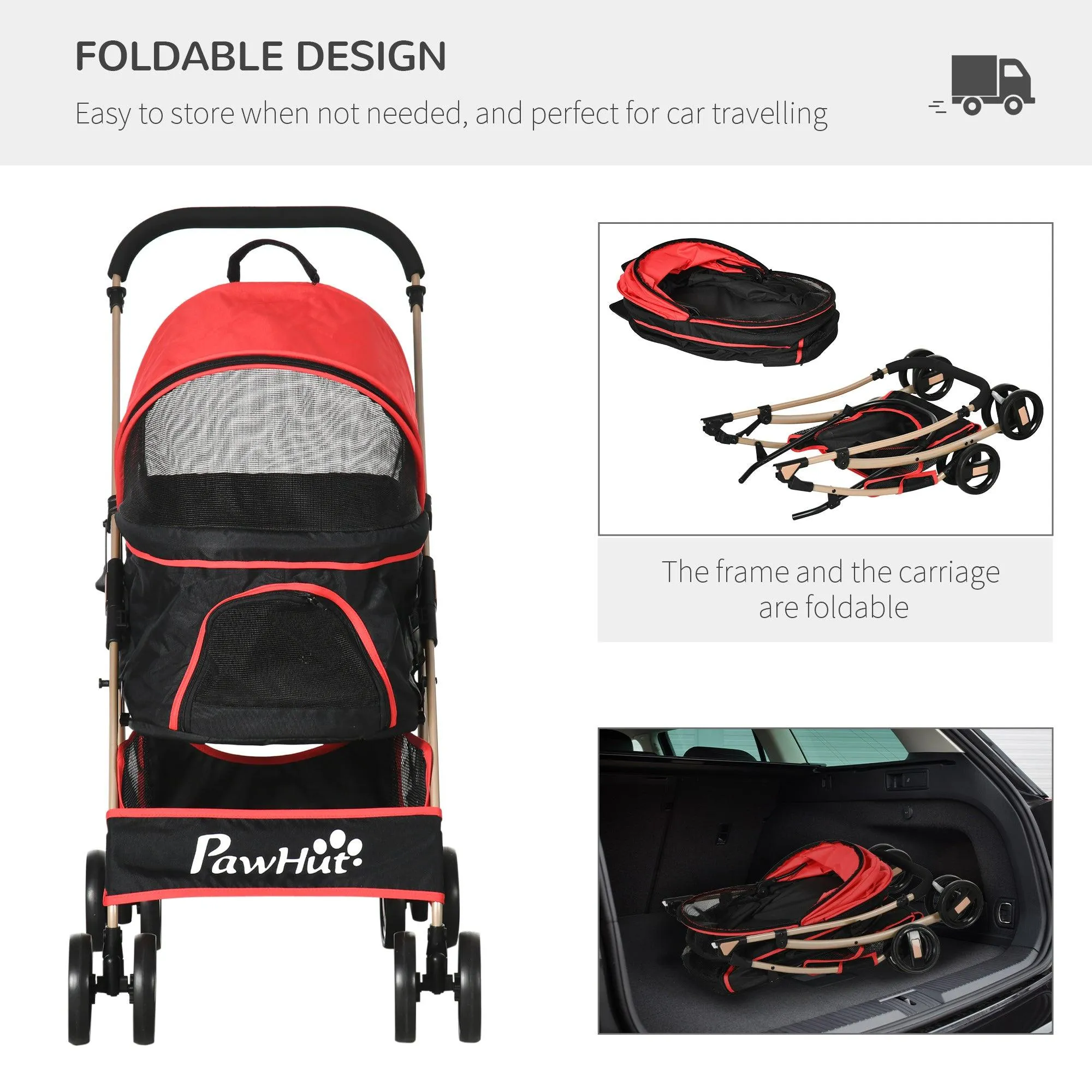 3-in-1 Cat Stroller - Carrier with Universal Wheel - Red & Black