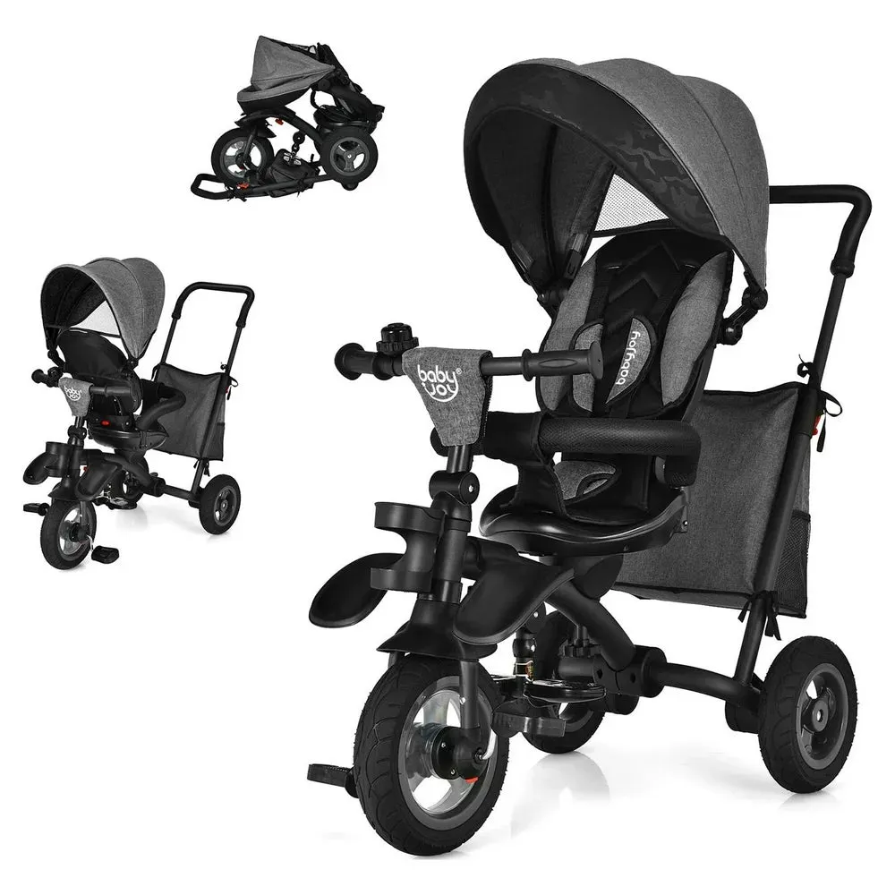 7-In-1 Kids Baby Tricycle Folding Steer Stroller W/ Rotatable Seat Grey