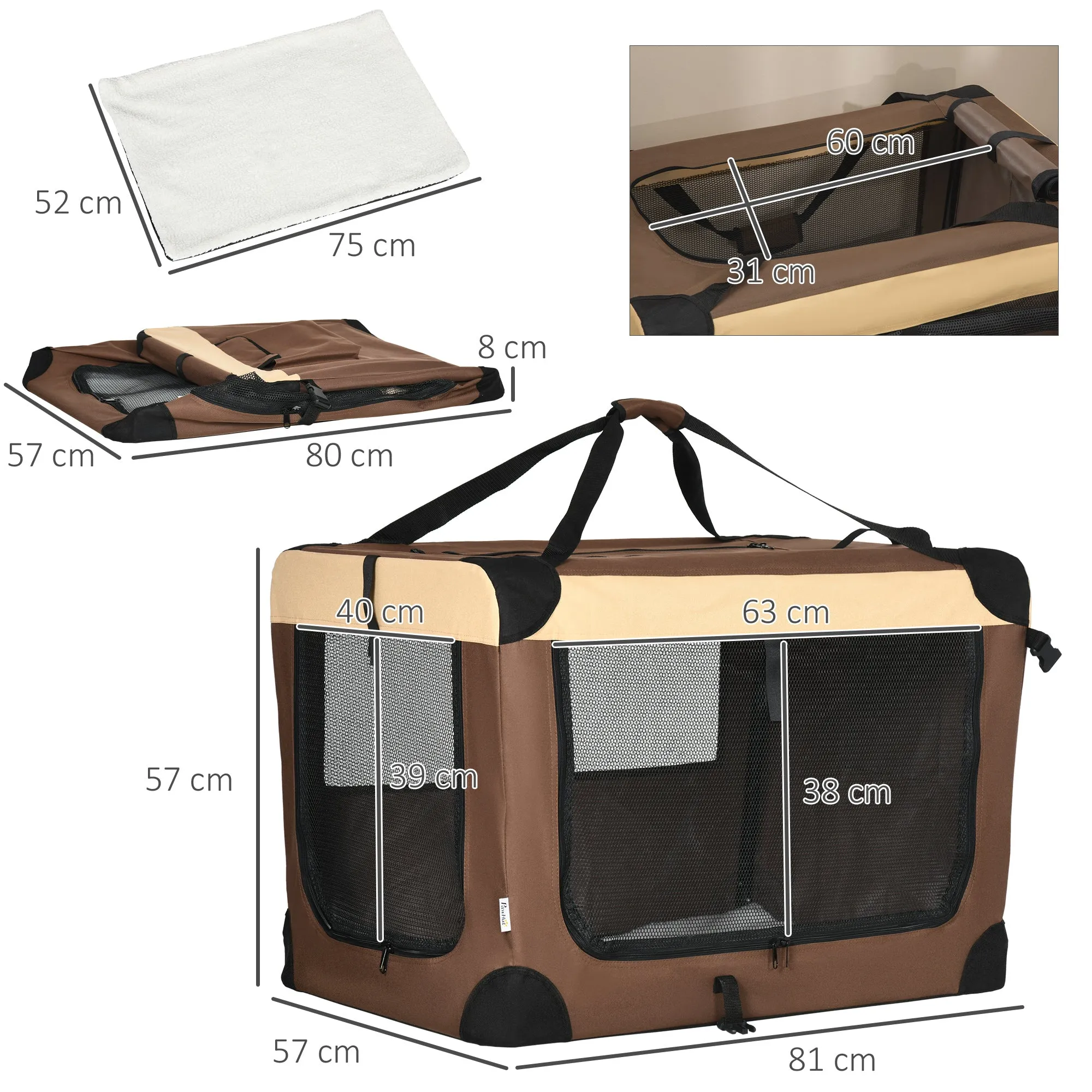 81cm Foldable Pet Carrier, with Cushion, for Medium Dogs and Cats - Brown