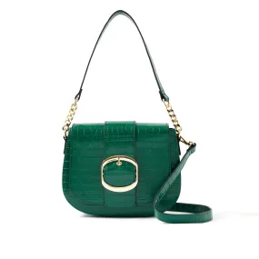 Accessorize London women's Faux Leather Green Buckle Saddle Shoulder & Sling bag