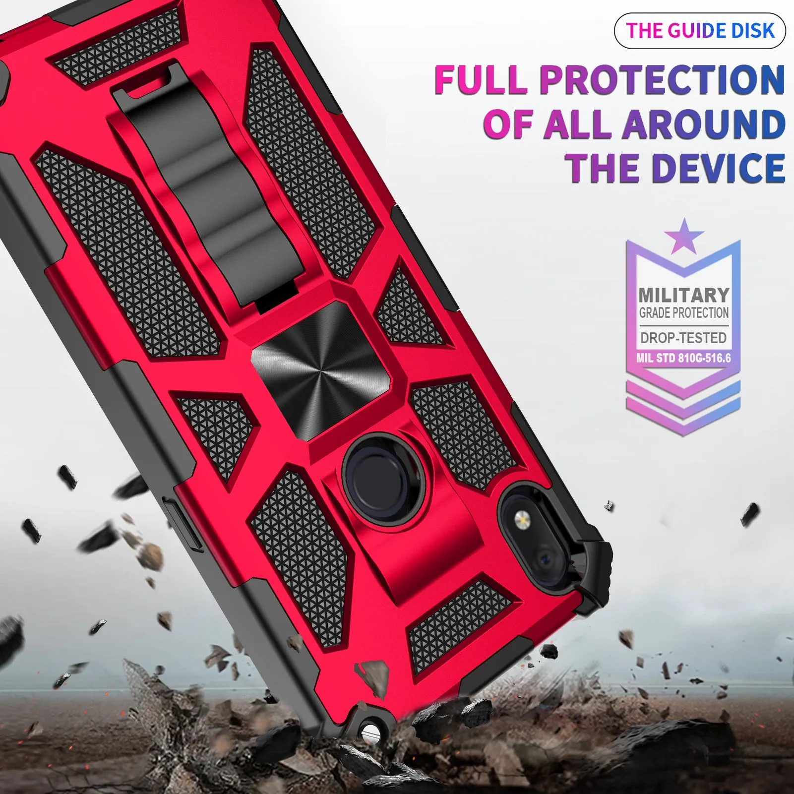 Alcatel Lumos Case/AT&T Alcatel Axel Case [Military Grade] Ring Car Mount Kickstand Hybrid Hard PC Soft TPU Shockproof Protective Case - Red