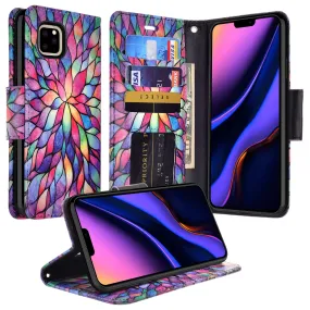 Apple iPhone 12 Pro Case, iPhone 12 Pro Wallet Case, Wrist Strap Pu Leather Wallet Case [Kickstand] with ID & Credit Card Slots - Rainbow Flower