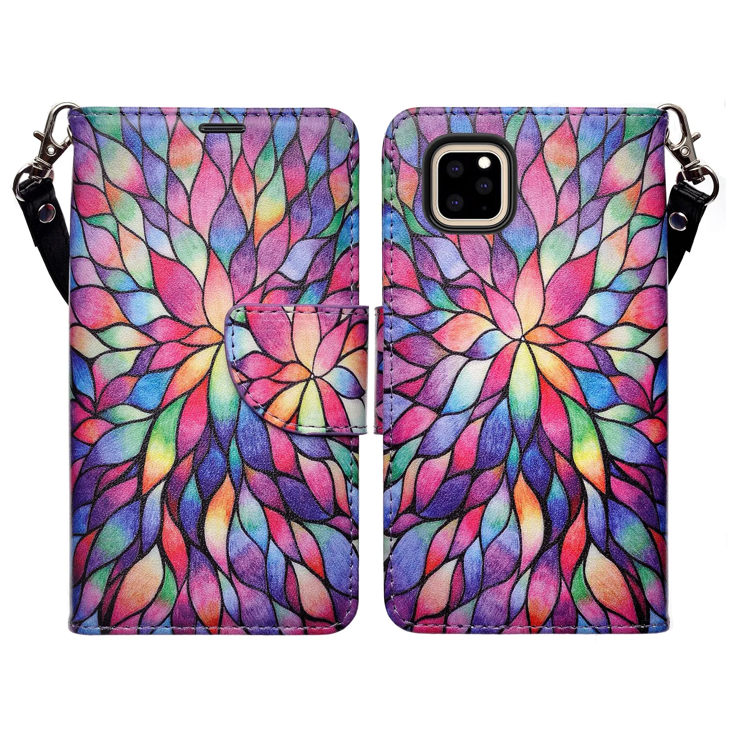 Apple iPhone 12 Pro Case, iPhone 12 Pro Wallet Case, Wrist Strap Pu Leather Wallet Case [Kickstand] with ID & Credit Card Slots - Rainbow Flower