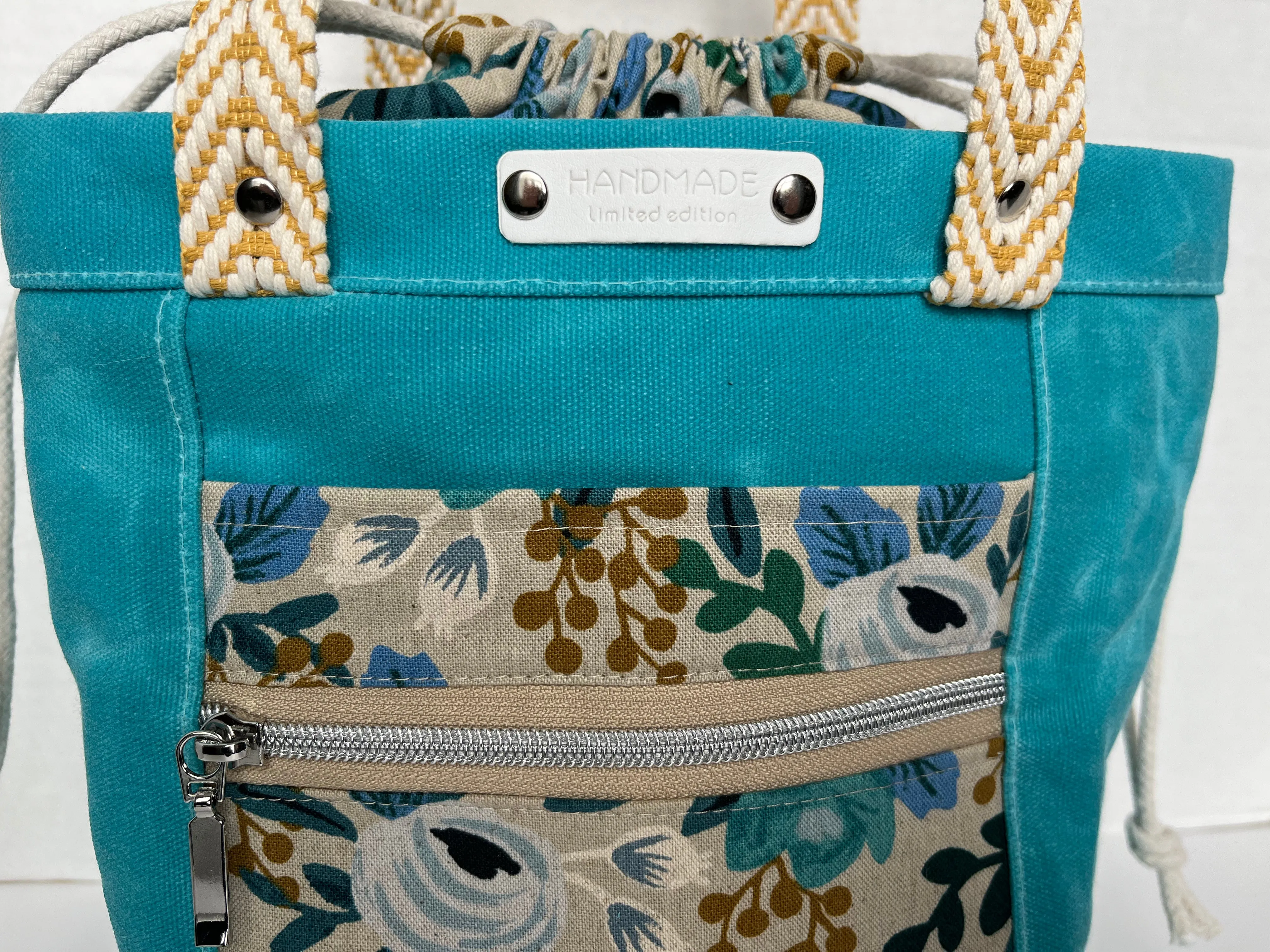 Aqua Blue Floral Themed Project Bag, Firefly Tote, Waxed Canvas