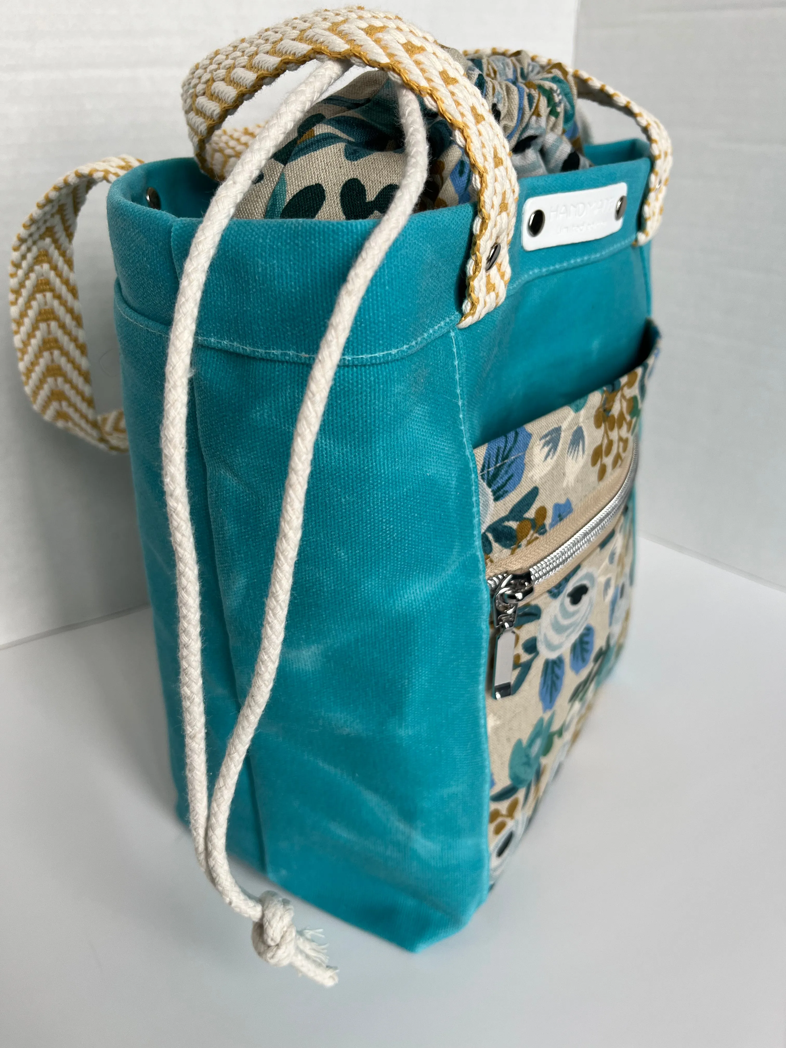 Aqua Blue Floral Themed Project Bag, Firefly Tote, Waxed Canvas