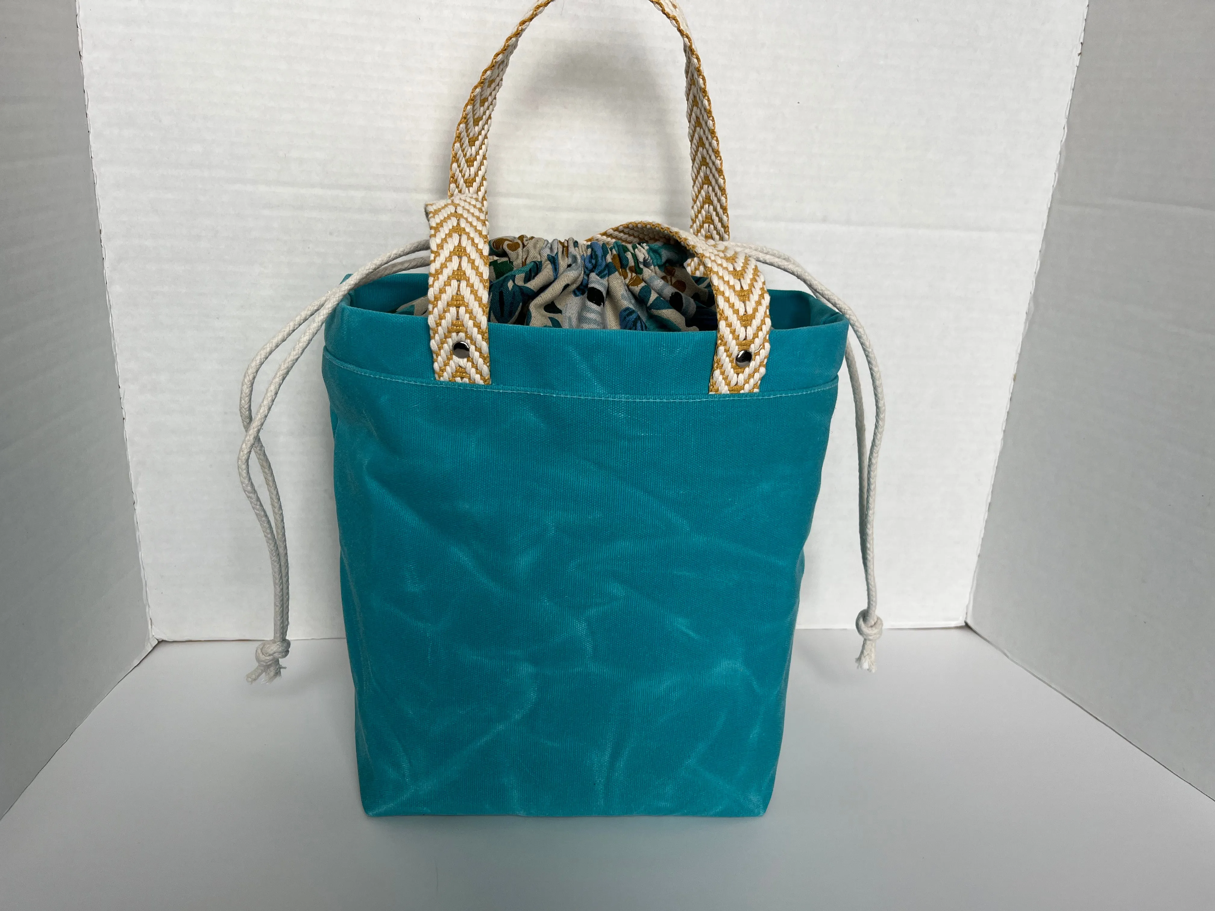 Aqua Blue Floral Themed Project Bag, Firefly Tote, Waxed Canvas