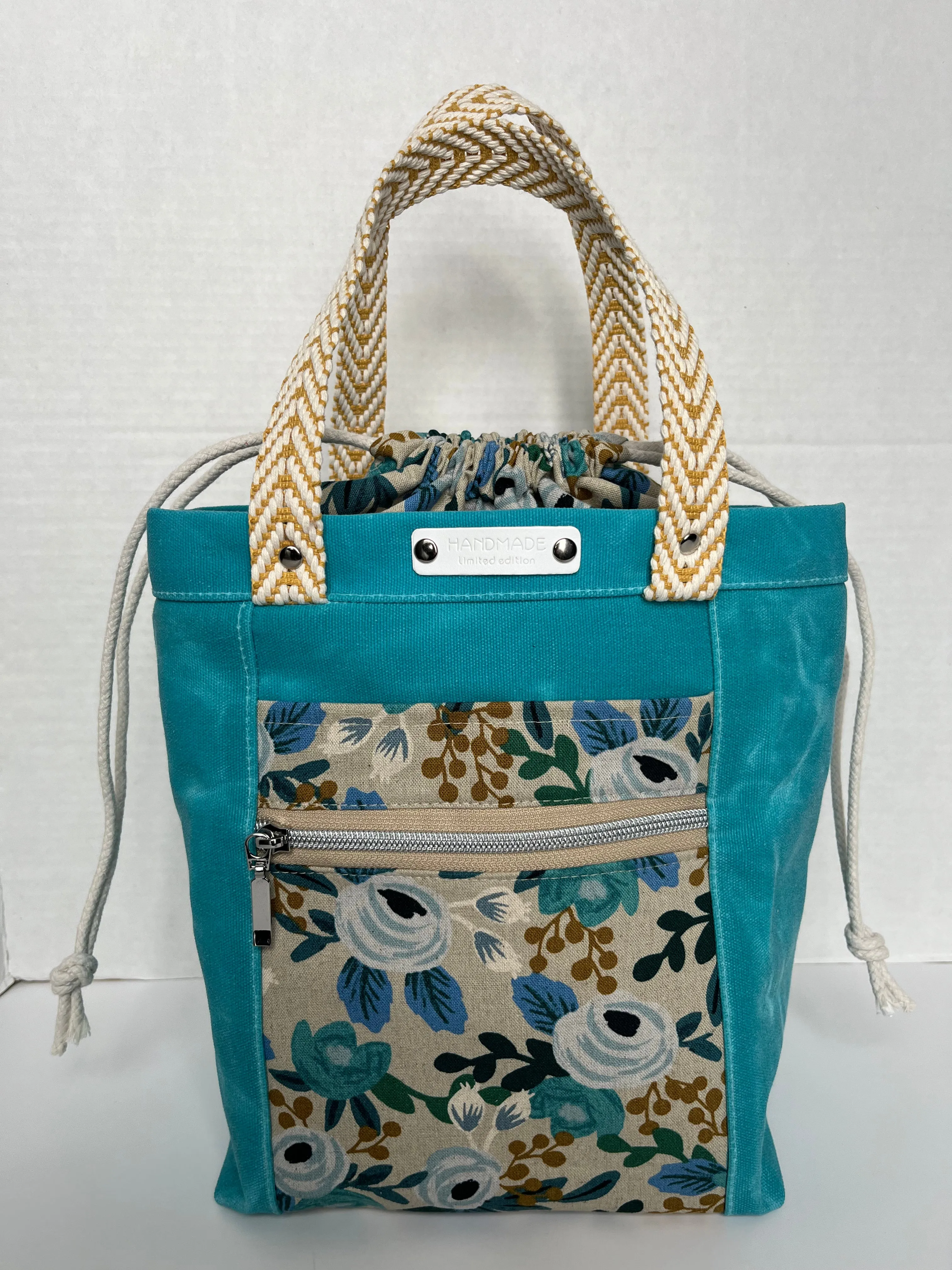 Aqua Blue Floral Themed Project Bag, Firefly Tote, Waxed Canvas