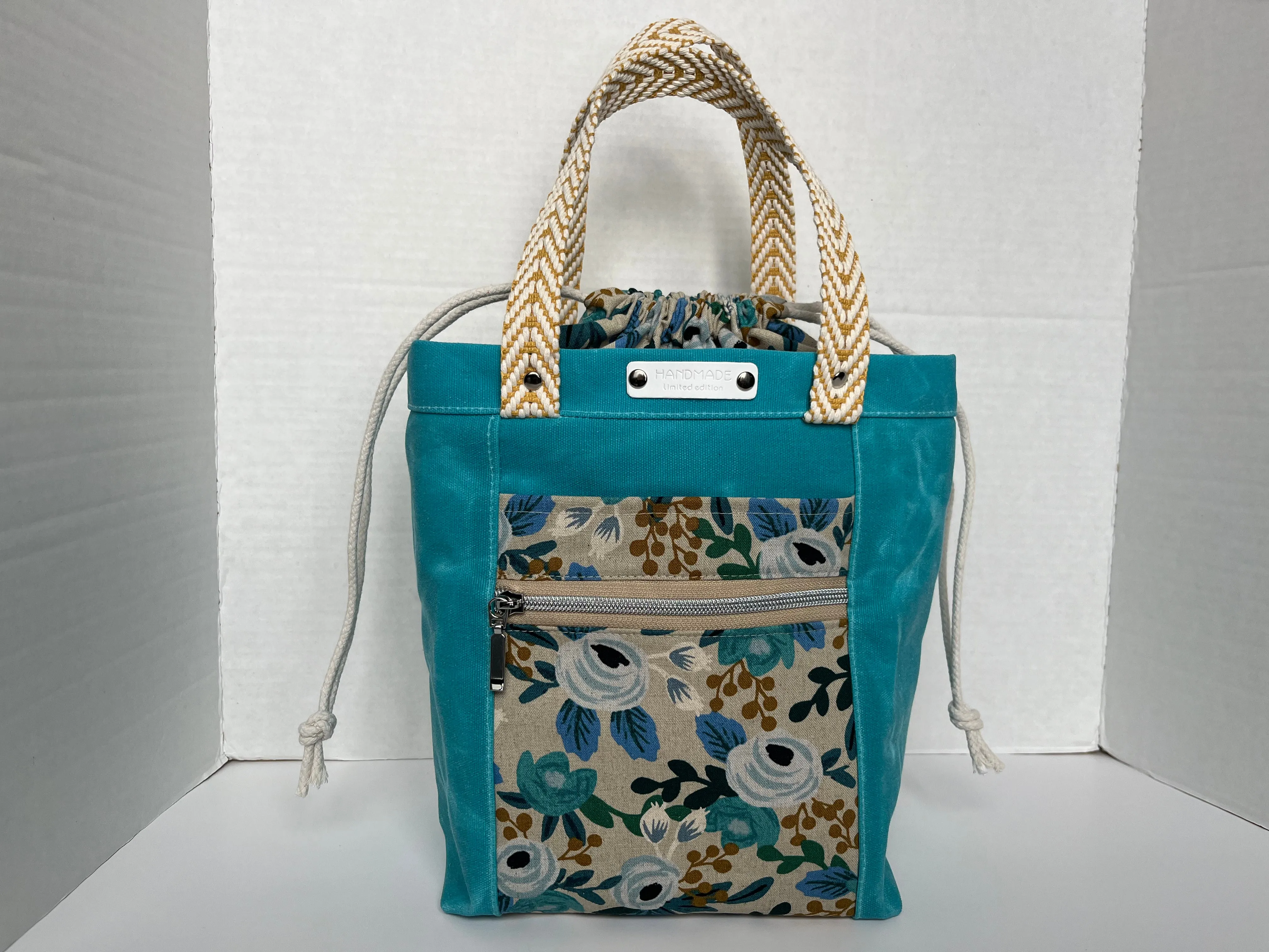 Aqua Blue Floral Themed Project Bag, Firefly Tote, Waxed Canvas