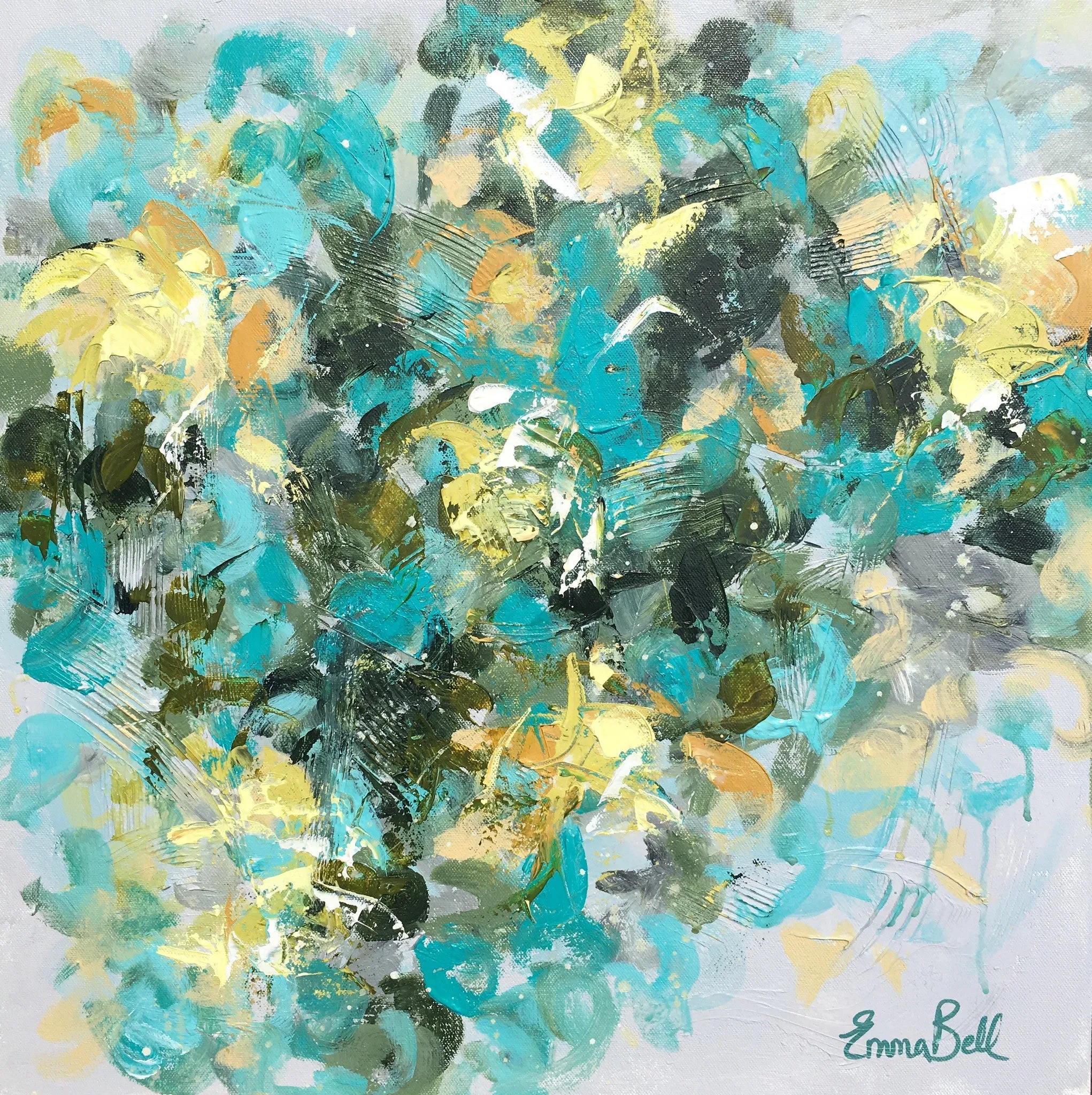 Aqua, Gray, Yellow, and White Floral Abstract