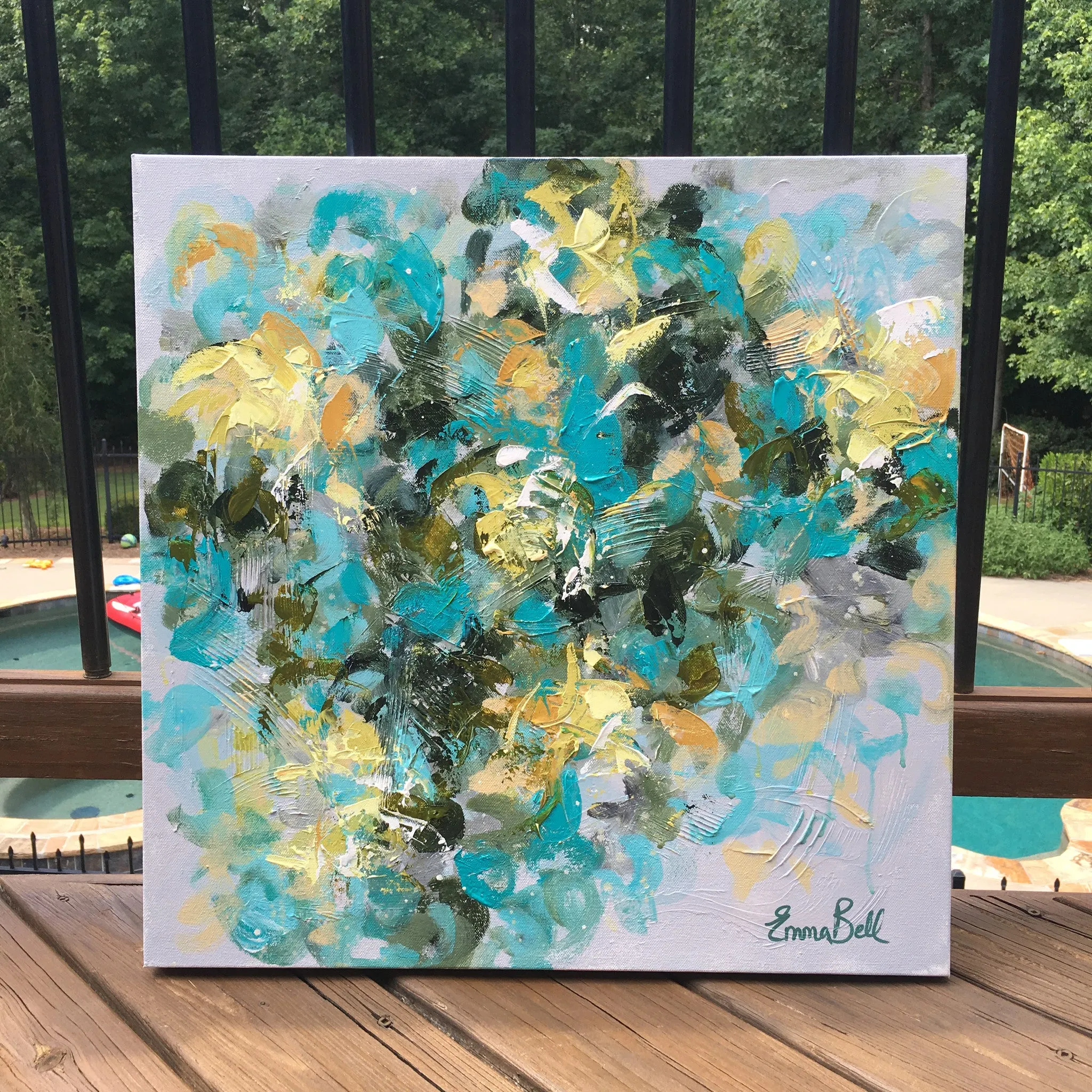 Aqua, Gray, Yellow, and White Floral Abstract