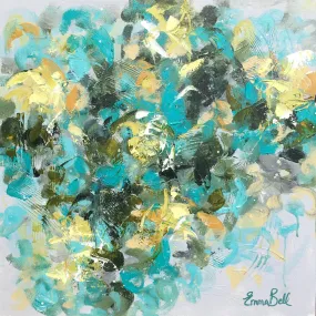 Aqua, Gray, Yellow, and White Floral Abstract