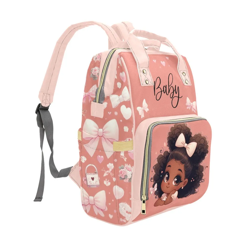 Baby Black Girl in Pink Bow - Coquette Diaper Bag Waterproof Backpack