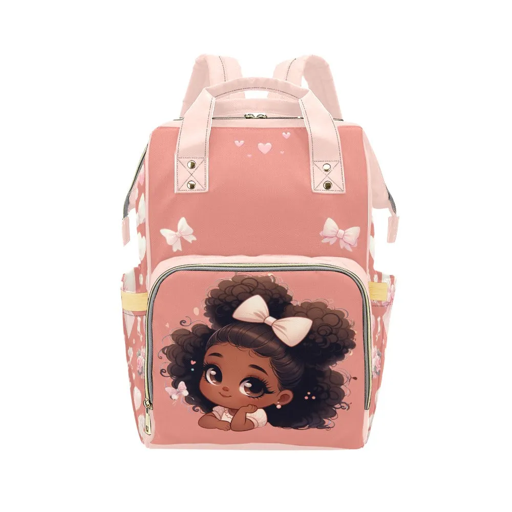 Baby Black Girl in Pink Bow - Coquette Diaper Bag Waterproof Backpack