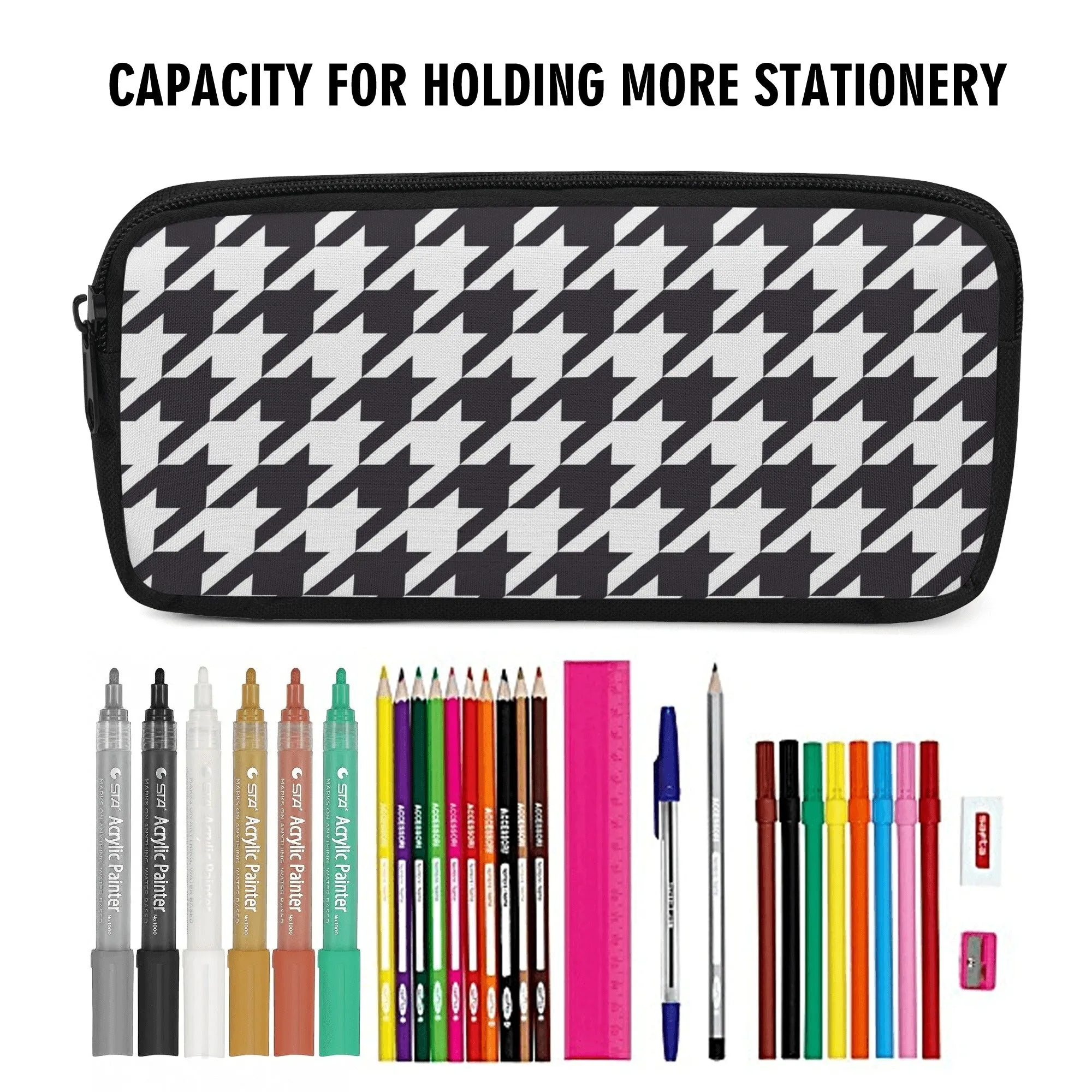 Back to school | Canvas Pencil Case | One-Side Printed | High Quality | Spacious | Black and White Houndstooth