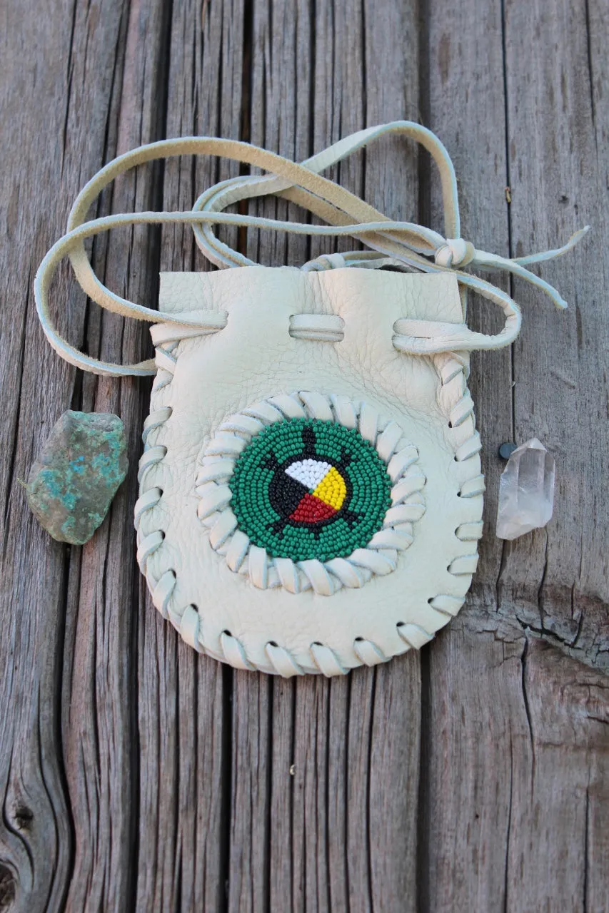 Beaded turtle medicine bag, leather pouch