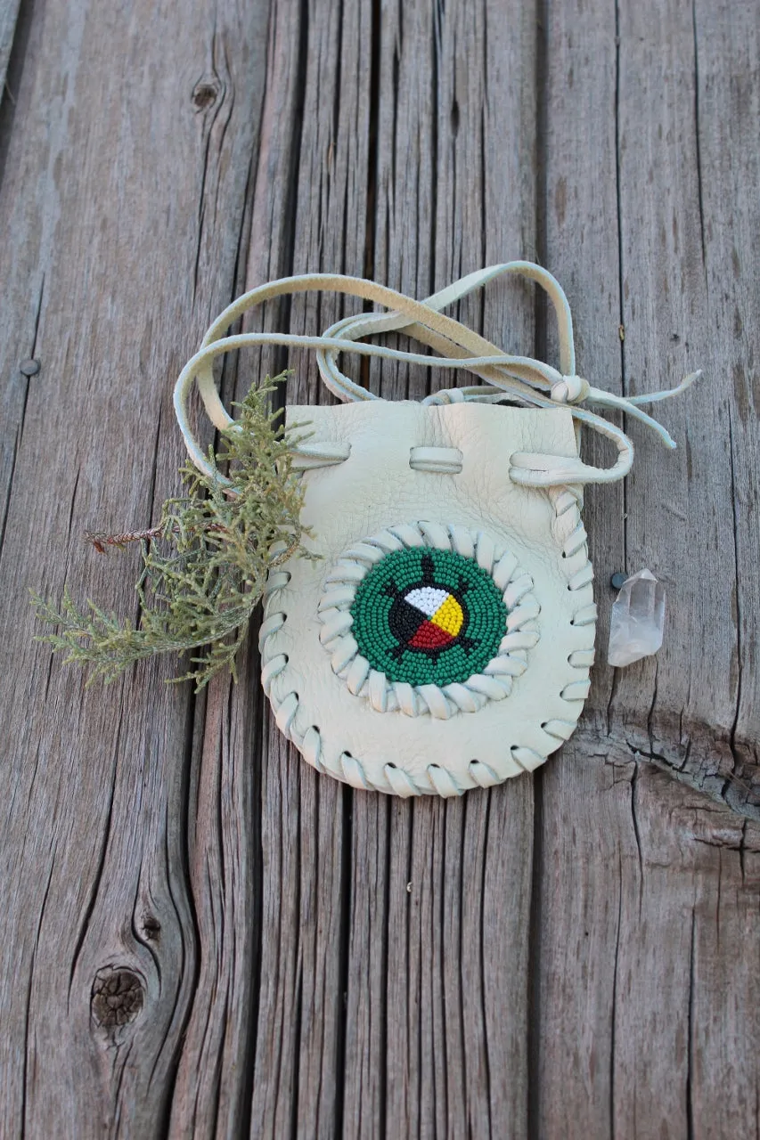 Beaded turtle medicine bag, leather pouch