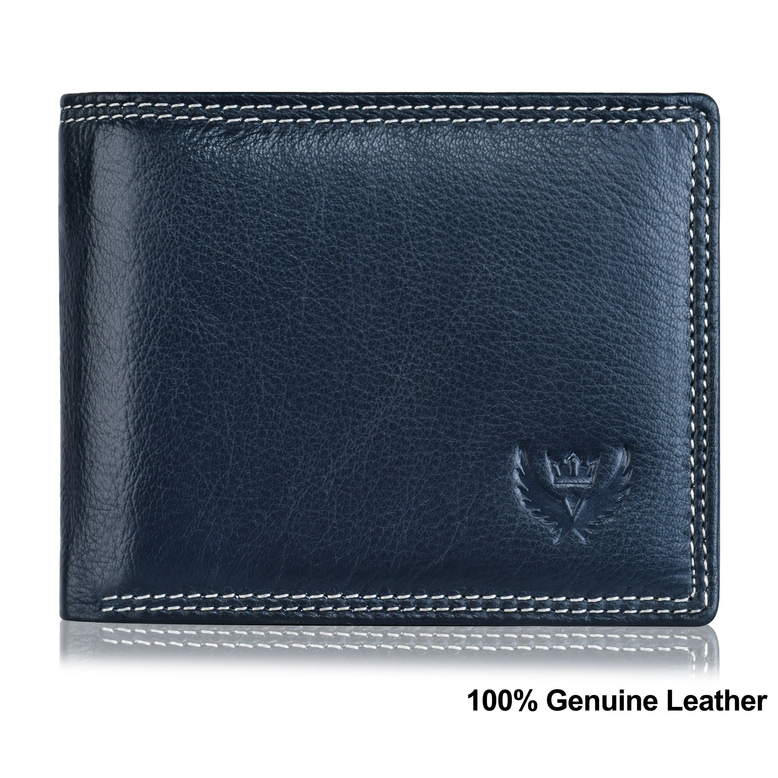 Bi-Fold Premium Blue RFID Blocking Grain Leather Wallet for Men with Double ID Card Flap, 9 Credit Card Pockets & Coin Pocket Feature