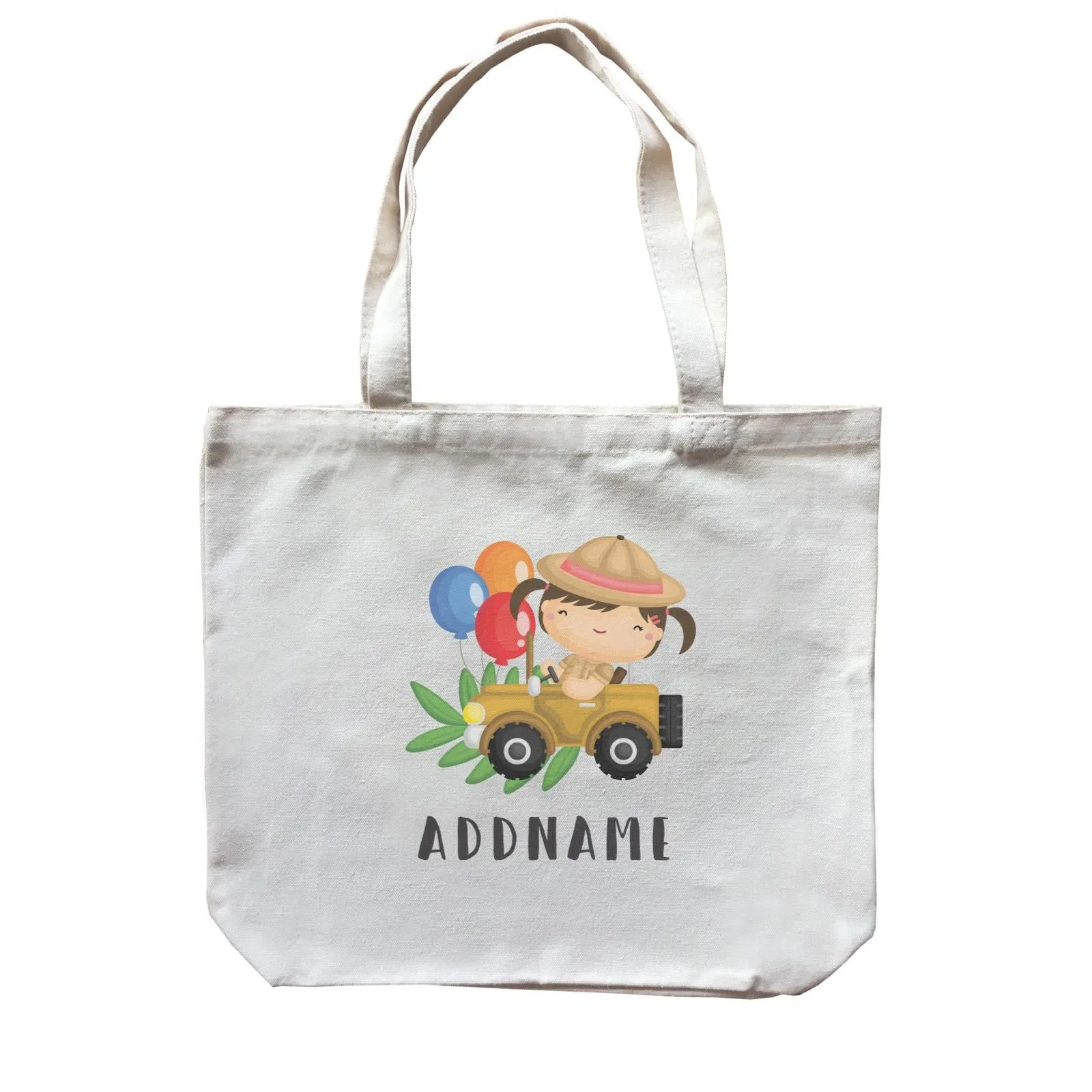 Birthday Safari Explorer Girl Driving Jeep Car Addname Canvas Bag