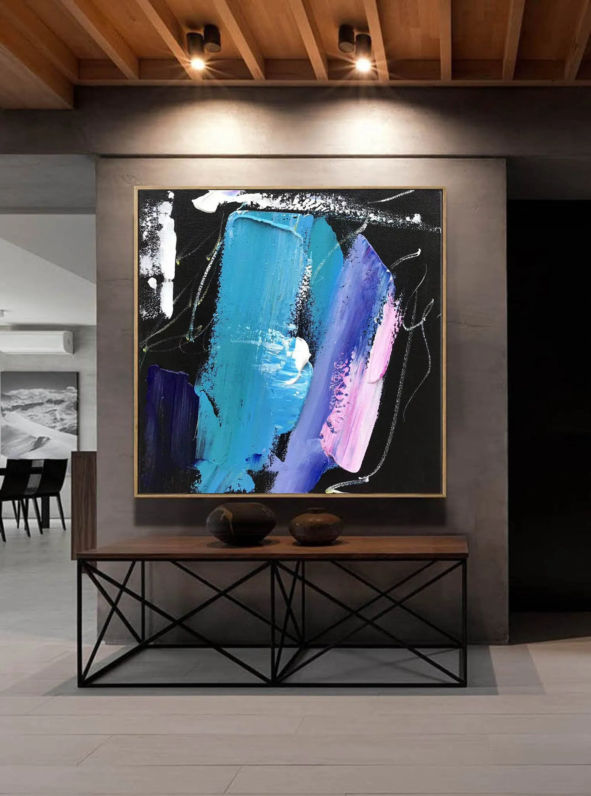 Black Blue Pink Abstract Acrylic Painting Large Canvas Art Cp002