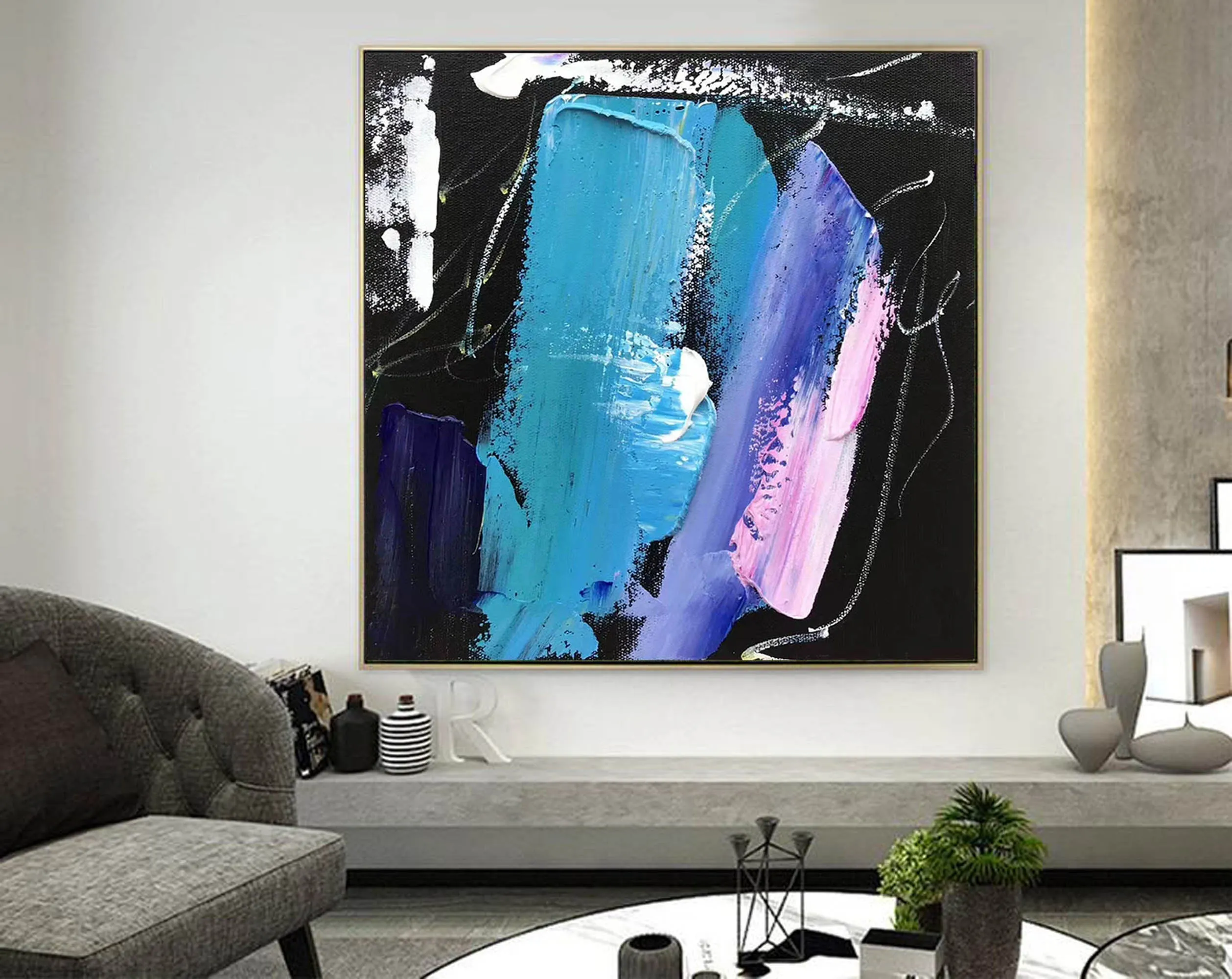 Black Blue Pink Abstract Acrylic Painting Large Canvas Art Cp002