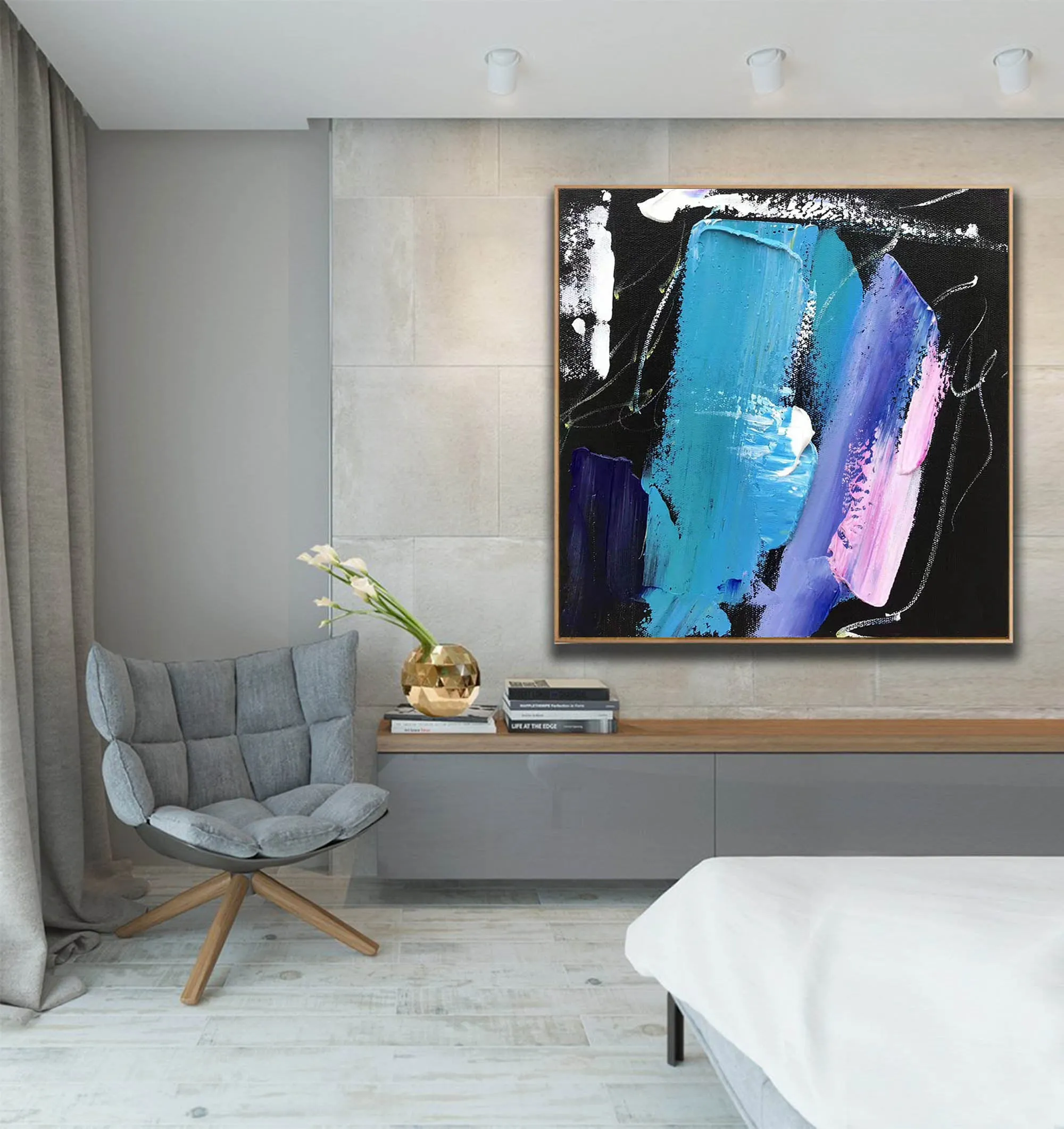 Black Blue Pink Abstract Acrylic Painting Large Canvas Art Cp002