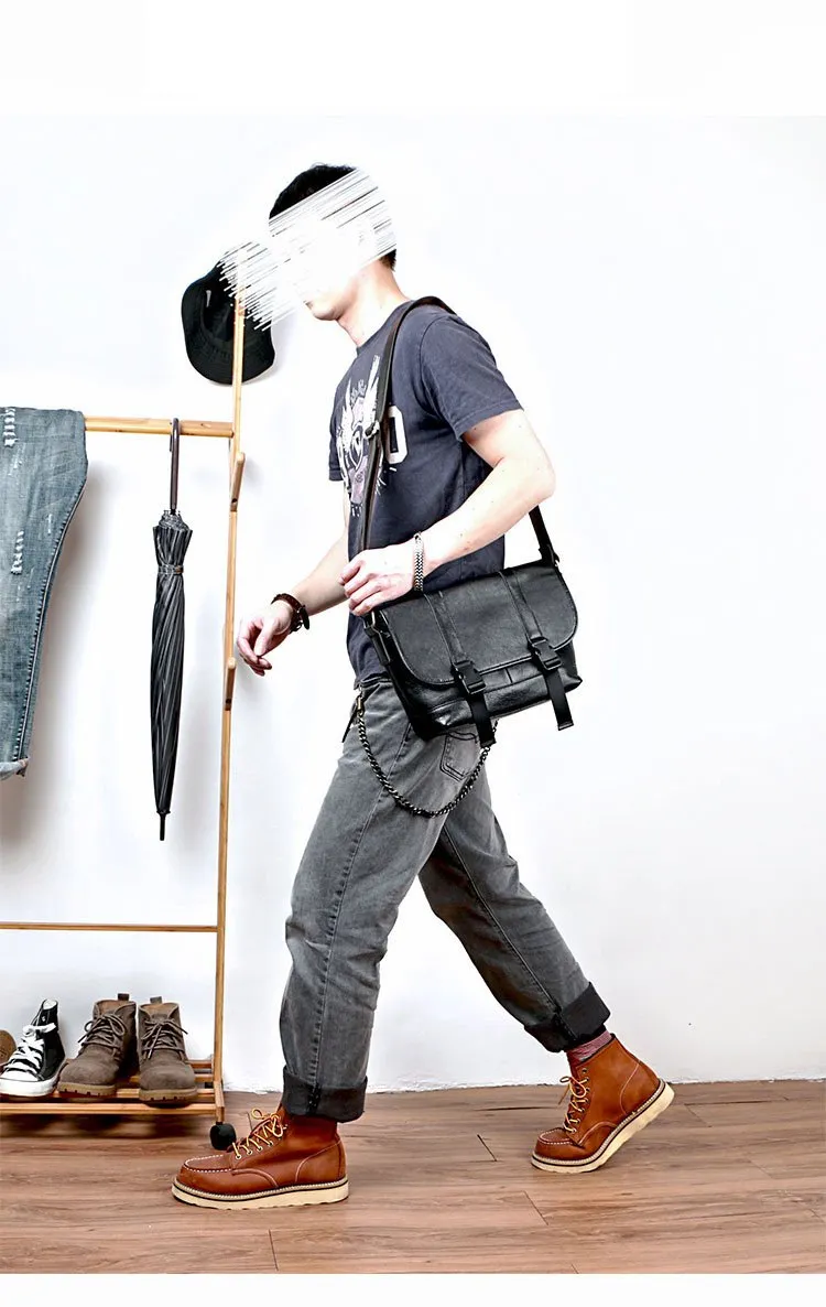 Black Leather Mens Casual Side Bag Courier Bag Black Messenger Bags Black Postman Bag For Men