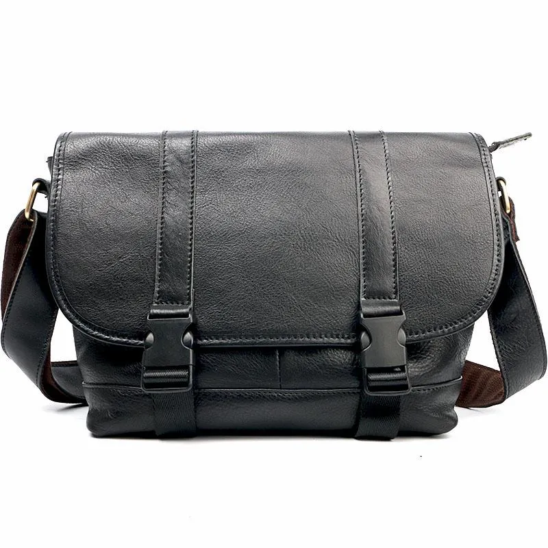 Black Leather Mens Casual Side Bag Courier Bag Black Messenger Bags Black Postman Bag For Men