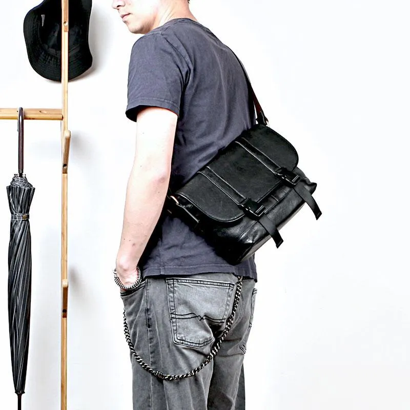 Black Leather Mens Casual Side Bag Courier Bag Black Messenger Bags Black Postman Bag For Men