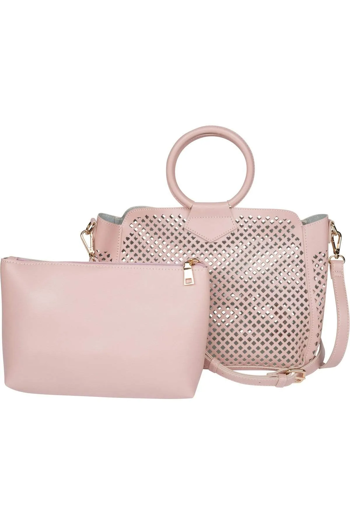 Blush Lasercut Vegan-Leather Top Handle Purse Bag