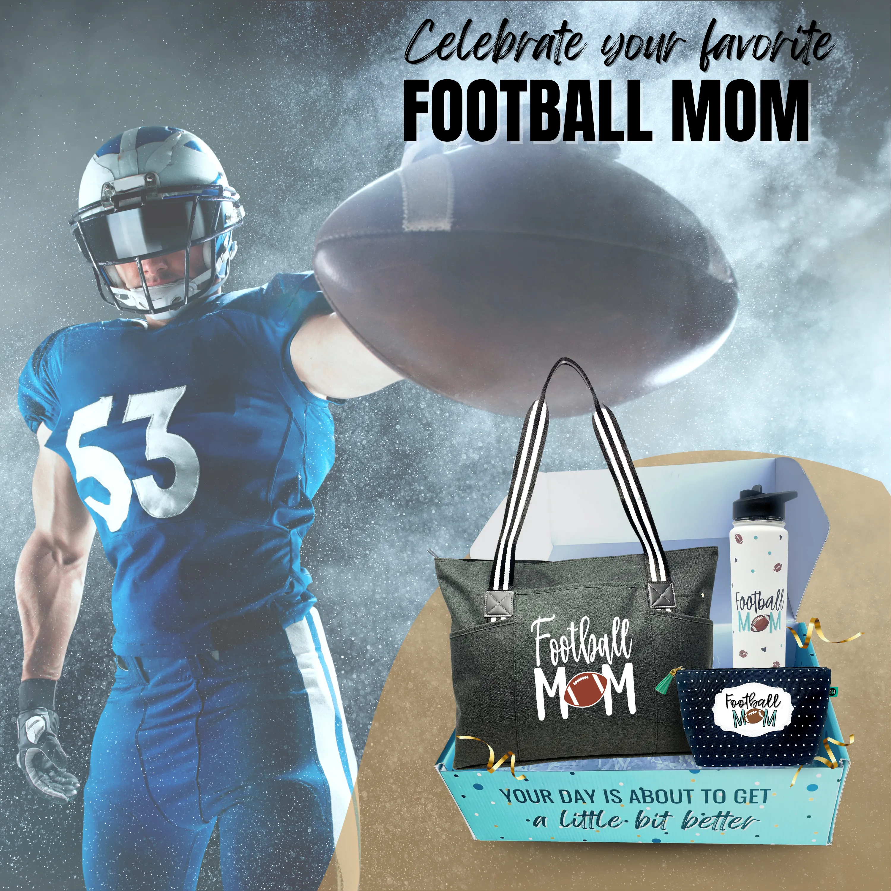 Brooke and Jess Designs - Football Mom Tessa Black Tote Bag, 24 oz Waterbottle Tumbler, and Janie Makeup Cosmetic Bag Gift Box Set