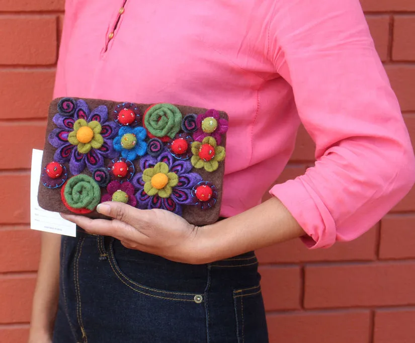 Brown Flower Felt Clutch Purse