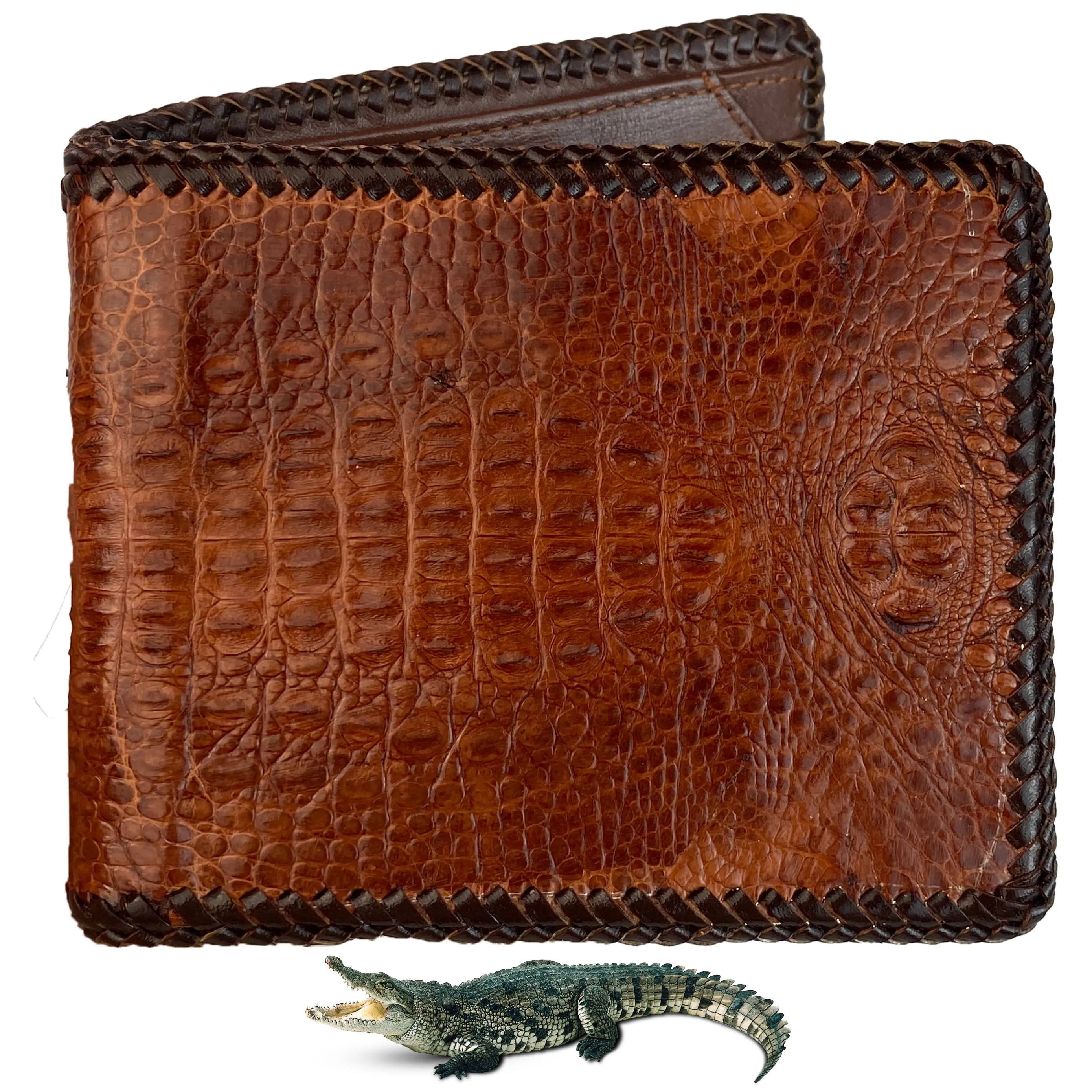 Brown Hornback Alligator Leather Bifold Wallet Knitting Edge | VINAM-01