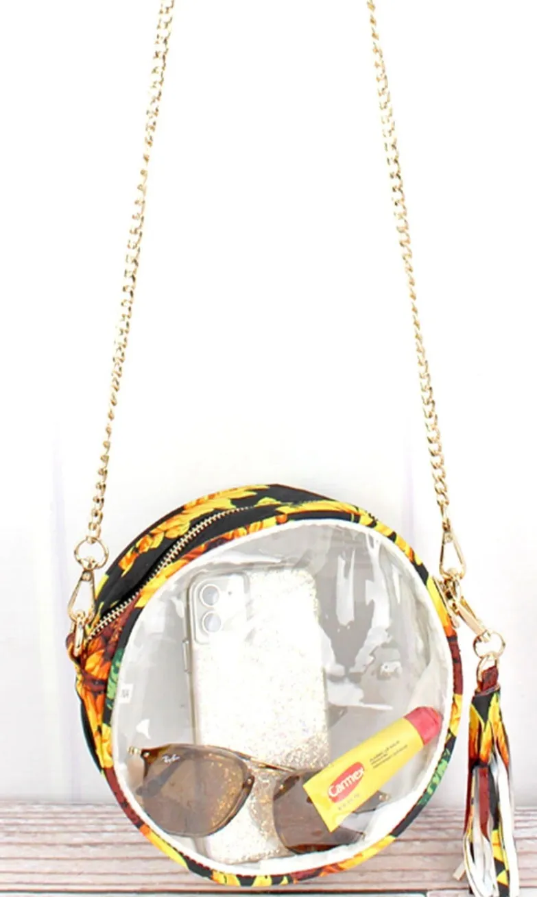 Clear round crossbody bag with sunflower trim