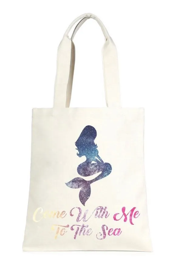 Come with me to the Sea Glittery Mermaid Natural Canvas Tote Shoulder Bag