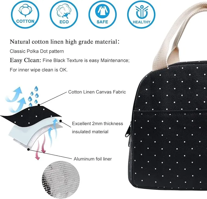 Compact Black Polka Dot Lunch Bag for Women & Teen Girls