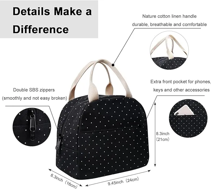 Compact Black Polka Dot Lunch Bag for Women & Teen Girls